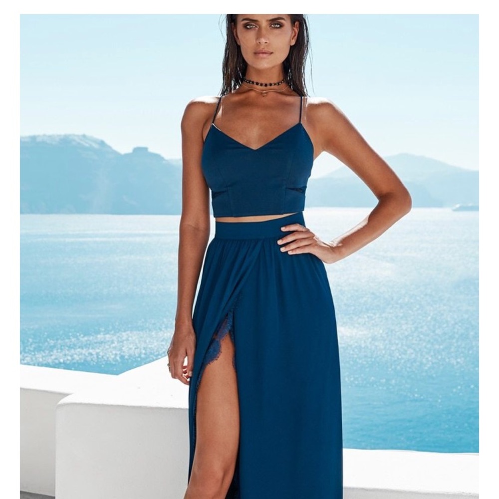 two piece formal dress in navy